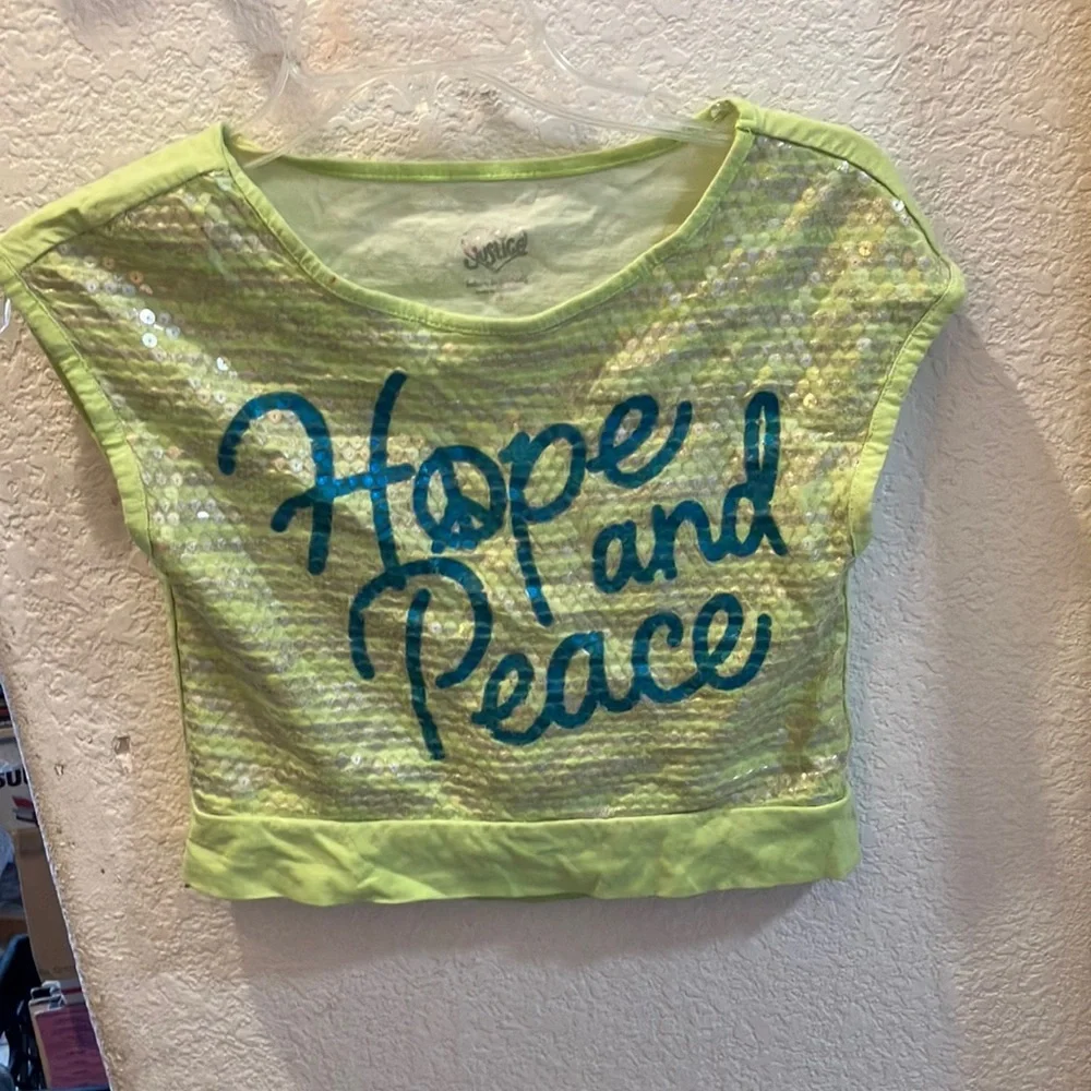 FINAL MARKDOWN Girls Justice hope & peace sequin front crop top 10